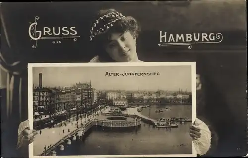 Passepartout Ak Hamburg, Alter Jungfernstieg, Junge Dame, Portrait