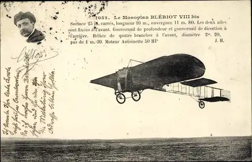 Ak Monoplan Blériot VIII bis, Pilot, Flugpionier