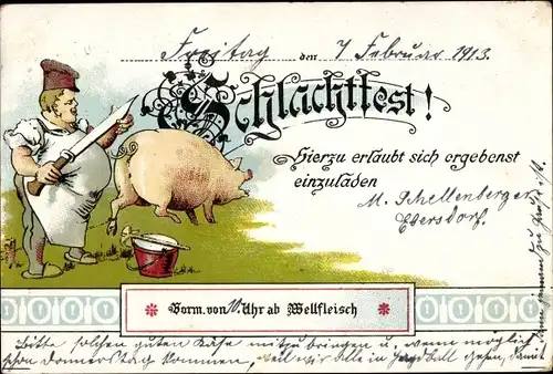 Litho Einladung zum Schlachtfest, Wellfleisch, Schwein, Schlachter mit Messer