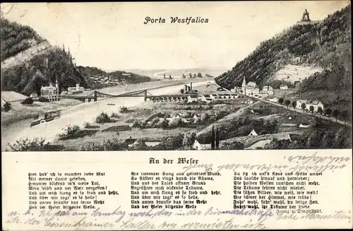 Ak Porta Westfalica in Nordrhein Westfalen, Weserpartie, Panorama vom Ort, Lied