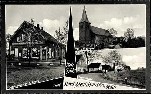 Ak Mentzhausen Jade in Niedersachsen, G. Bruns Gemischtwaren, An der Kirche, Dorfansicht