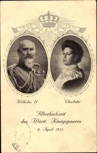 Präge Ak König Wilhelm II. von Württemberg, Charlotte, Silberhochzeit am 08. April 1911