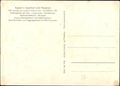 Ak Dersau in Schleswig Holstein, Appel's Gasthof und Pension, Garten, Uferpartie, Speiseraum