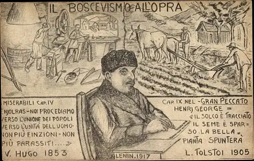 Künstler Ak Il Boscevismo all'Opra, Miserabili Victor Hugo 1853, Gran Peccato Leo Tolstoi 1905,Lenin