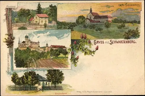 Litho Scheinfeld Mittelfranken, Fischhaus, Schloss Schwarzenberg, Einsiedelei, Kloster