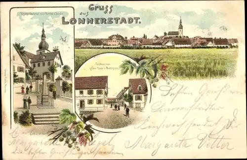 Litho Lonnerstadt Mittelfranken, Kriegerdenkmal, Kirche, Schule, Gasthaus zum grünen Baum, Markt