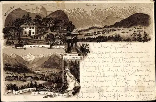Litho Schönberg im Stubaital in Tirol, Jägerhof am Schönberg, Wipptal, Inntal, Dorf