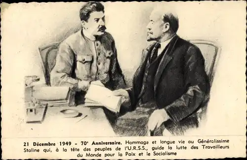 Künstler Ak Joseph Stalin, Wladimir Lenin, 21. Dezember 1949, 70. Jahrestag