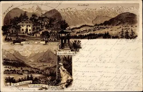 Litho Schönberg im Stubaital in Tirol, Jägerhof am Schönberg, Wipptal, Inntal, Dorf