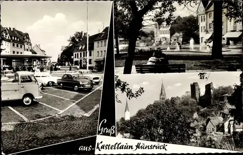 Ak Kastellaun im Rhein Hunsrück Kreis, Burgruine, Kirche, Parkplatz, Autos, Schuhhaus 