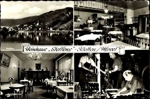 Ak Klotten an der Mosel, Weinhaus Steffens, Inh. Lilo Koch, Weinkeller, Gästezimmer, Flusspartie 