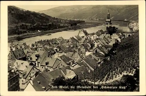 Ak Zell an der Mosel, Kirche, Stadtpanorama, Pfarrkirche St. Peter, Weinstadt der Schwarzen Katz