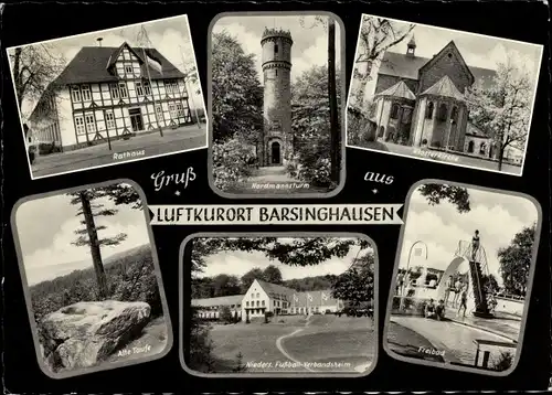 Ak Barsinghausen Niedersachsen, Rathaus, Nordmannsturm, Klosterkirche, Freibad, Fussballverbandsheim