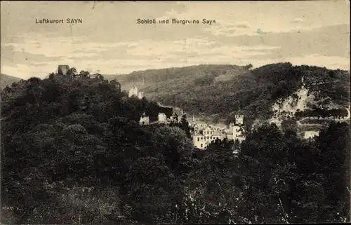 Ak Sayn Bendorf in Rheinland Pfalz, Schloss und Burgruine, Panorama