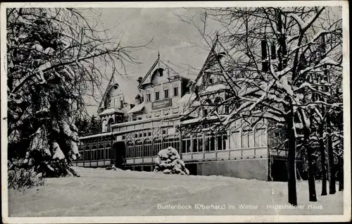 Ak Buntenbock Clausthal Zellerfeld im Oberharz, Hildesheimer Haus, Außenansicht, Schneelandschaft