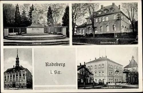 Ak Radeberg Sachsen, Ehrenmal, Gemeindehaus, Rathaus, Export Bier Brauerei