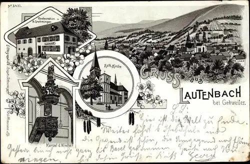 Litho Lautenbach Elsass Haut Rhin, Restauration H. Gremminger, Kirche, Kanzel, Panorama