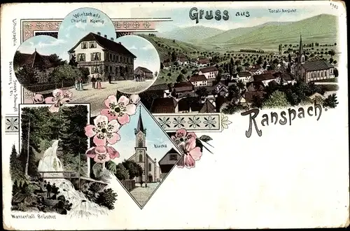 Litho Ranspach Elsass Haut Rhin, Wirtschaft v. Charles Koenig, Wasserfall Brüscher, Kirche