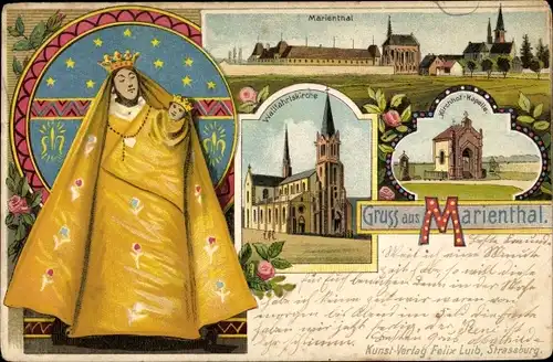 Litho Marienthal Kaltenhausen Elsaß Elsass Bas Rhin, Wallfahrtskirche, Kirchhof Kapelle, Gnadenbild