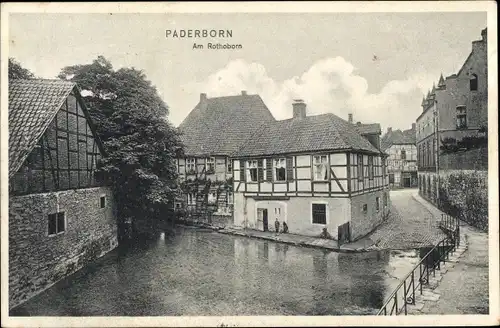 Ak Paderborn in Westfalen, Am Rothoborn, Flusspartie, Fachwerkhäuser