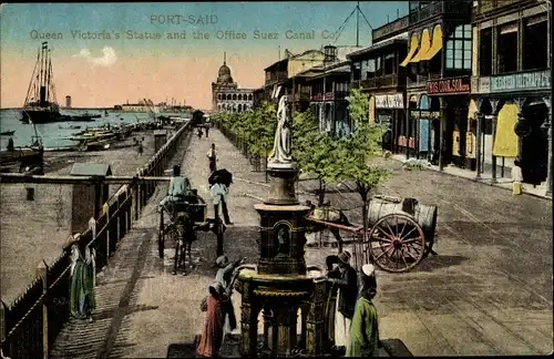 Ak Port Said Ägypten, Queen Victoria's Statue and the Office Suez Canal Co., Geschäftshäuser