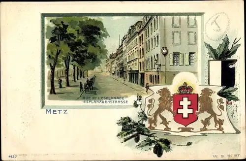 Präge Wappen Passepartout Litho Metz Moselle, Rue de l'Esplanade, Esplanadenstraße