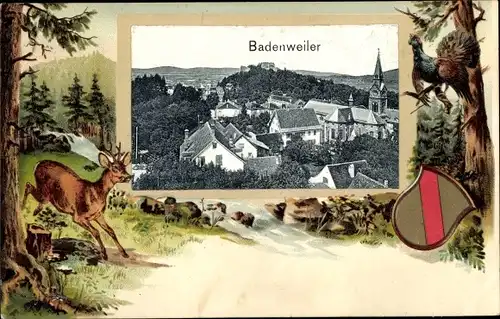 Präge Passepartout Ak Badenweiler am Schwarzwald, Kirche und Wohnhäuser, Rehbock, Auerhahn, Wappen