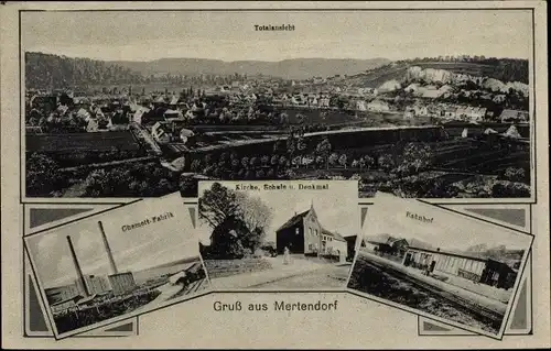 Ak Mertendorf Sachsen Anhalt, Chamottfabrik, Kirche, Bahnhof, Schule, Denkmal