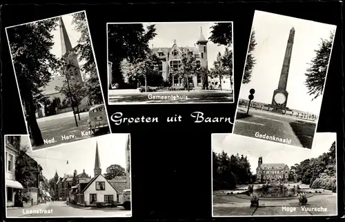 Ak Baarn Utrecht Niederlande, Laanstraat, Hoge Vuursche, Gedenknaald, Gemeentehuis, Kerk