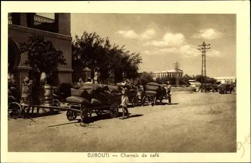 Ak Djibouti Dschibuti, Charrois de café, Fuhrwerke, Kaffeebohnen