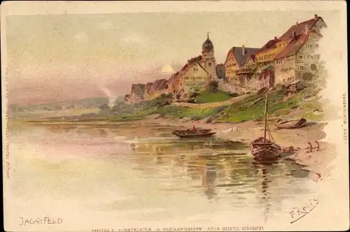 Künstler Litho Reiss, Fritz, Jagstfeld Bad Friedrichshall in Baden Württemberg, Uferpartie am Fluss