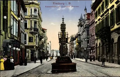 Ak Freiburg im Breisgau, Kaiserstraße mit Gotischen Brunnen