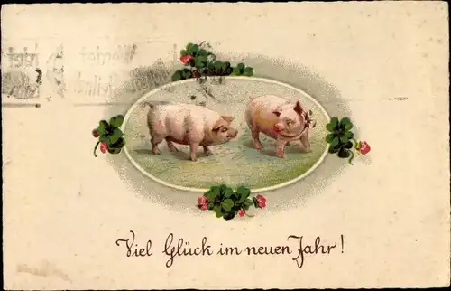 Ak Glückwunsch Neujahr, Zwei Glücksschweine, Kleeblätter