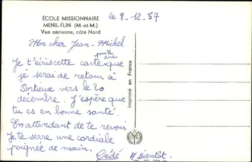 Ak Flin Lothringen Meurthe et Moselle, École Missionnaire, Fliegeraufnahme