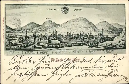 Künstler Ak Merian, Goslar in Niedersachsen, Panorama vom Ort, Wappen