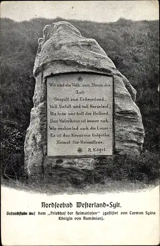 Ak Westerland auf Sylt, Gedenkstein auf dem Friedhof der Heimatlosen