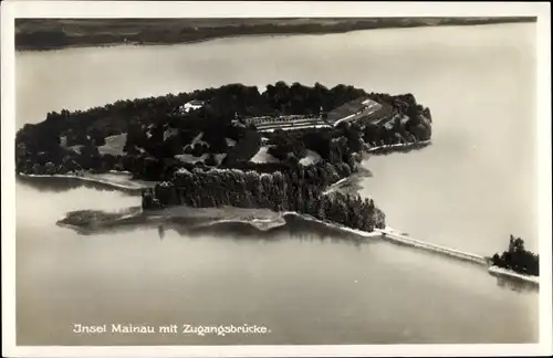 Ak Insel Mainau im Bodensee, Fliegeraufnahme der Insel mit Zugangsbrücke