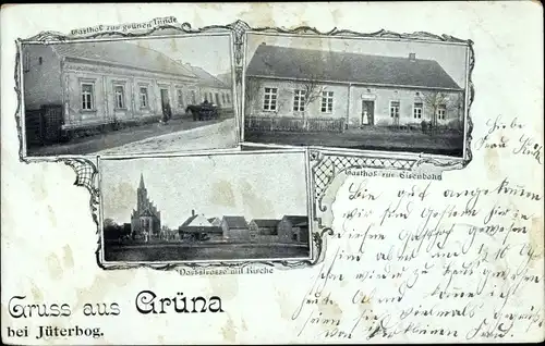 Ak Grüna Sachsen, Gasthof zur grünen Linde, Gasthof zur Eisenbahn, Dorfstraße, Kirche