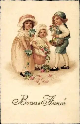 Litho Glückwunsch Neujahr, Bonne Année, Kinder streuen Blumen aus