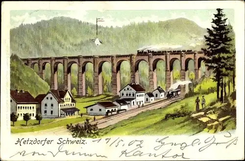 Künstler Ak Hetzdorf Halsbrücke Mittelsachsen, Panorama m. Eisenbahn auf Brücke und am Bahnhof