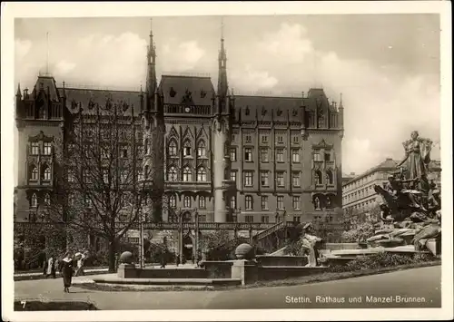 Ak Szczecin Stettin Pommern, Rathaus und Manzelbrunnen