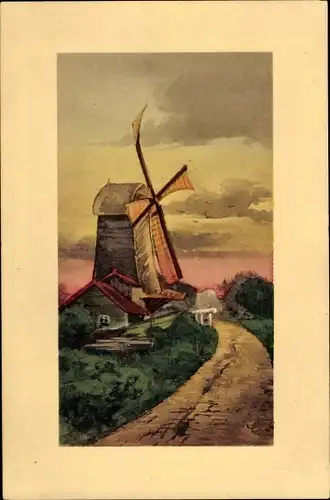 Künstler Ak Windmühle an einem Feldweg