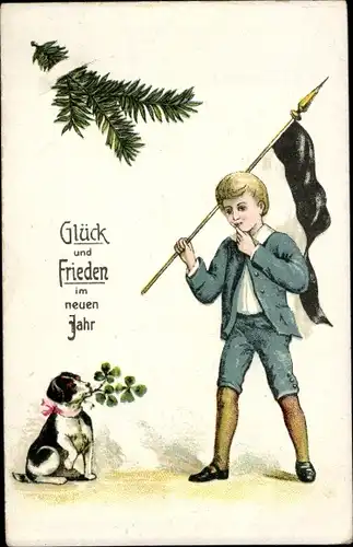 Ak Glückwunsch Neujahr, Junge mit Fahne, Hund, Kleeblätter