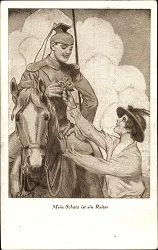 Künstler Ak Mein Schatz ist ein Reiter, Ulane auf seinem Pferd, Junge Frau