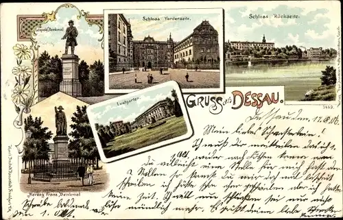 Litho Dessau Sachsen Anhalt, Schloss, Lustgarten, Herzog Franz Denkmal, Leopold Denkmal