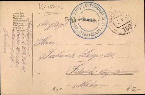 Ak Feldpostkarte, Kuk Etappen Feldpost Nr 180, KK Schützenregiment Nr 34 Ers Batl, Krakau Polen