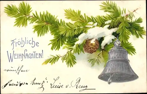Präge Litho Frohe Weihnachten, Tannenzweig mit Glocke, Zapfen