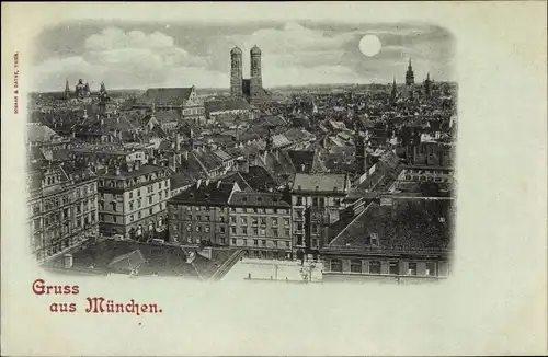 Mondschein Ak München Bayern, Stadtansicht, Vogelschau, Fauenkirche