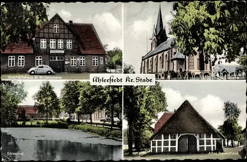 Ak Ahlerstedt Stade, Geschäftshaus M. W. Bammann, Kirche, Ehrenmal, Altes Bauernhaus