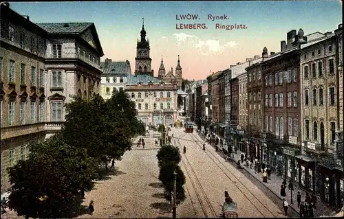 Ak Lwów Lemberg Ukraine, Rynek, Ringplatz, Geschäfte, Straßenbahn, Kirchturm